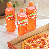 three mtn dew overdrive bottles next to a pepperoni pizza on a table